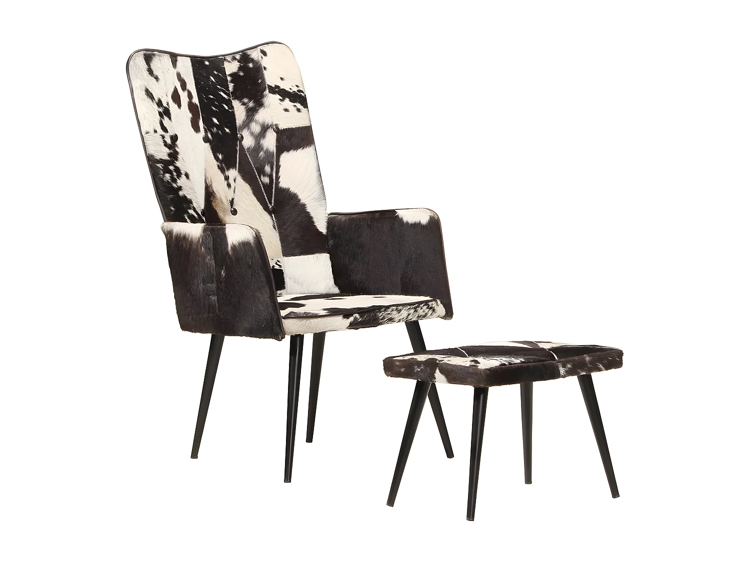 Chaise à oreilles avec repose-pied Noir Cuir véritable