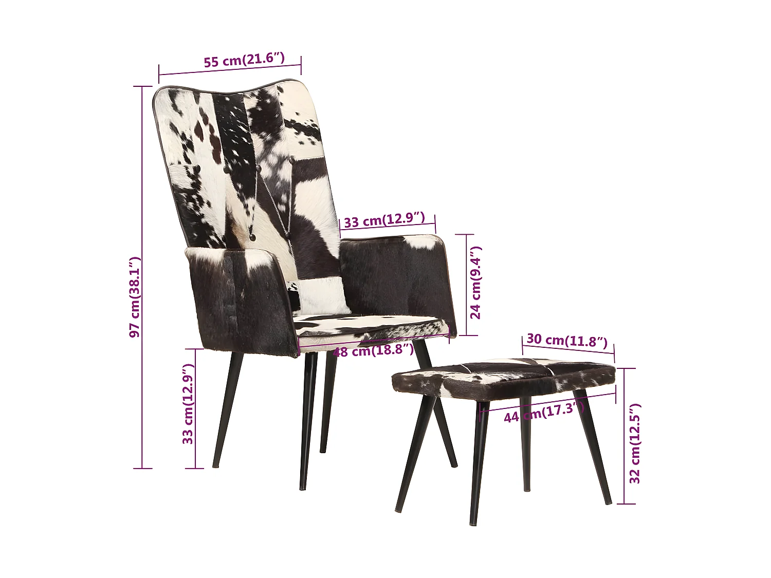 Vleugelfauteuil met voetsteun Zwart Echt leer