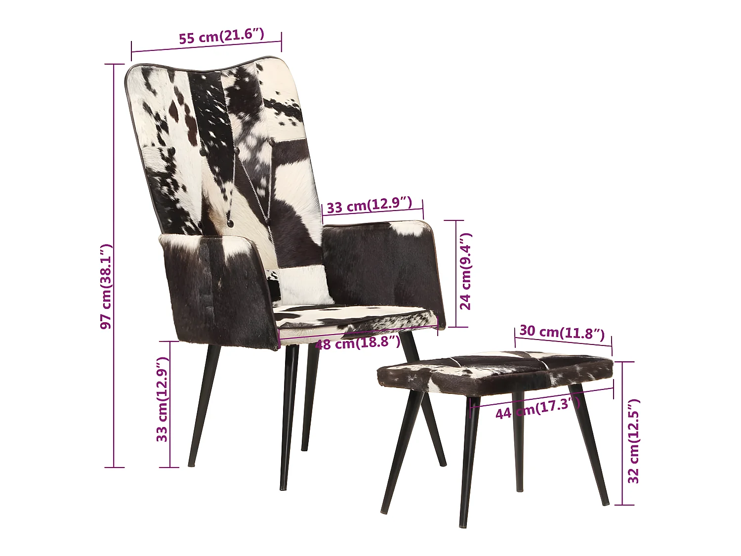 Vleugelfauteuil met voetsteun Zwart Echt leer