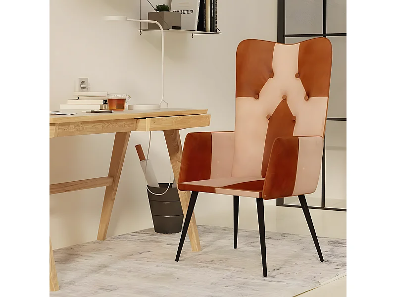 Chaise à oreilles Marron et crème Cuir véritable