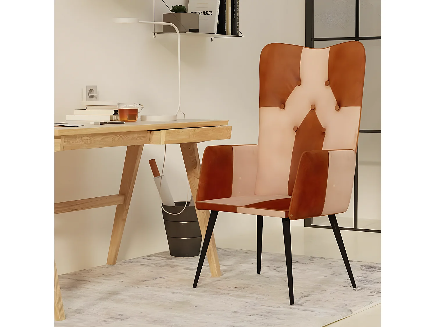 Poltroncina con schienale Marrone e crema Vera pelle