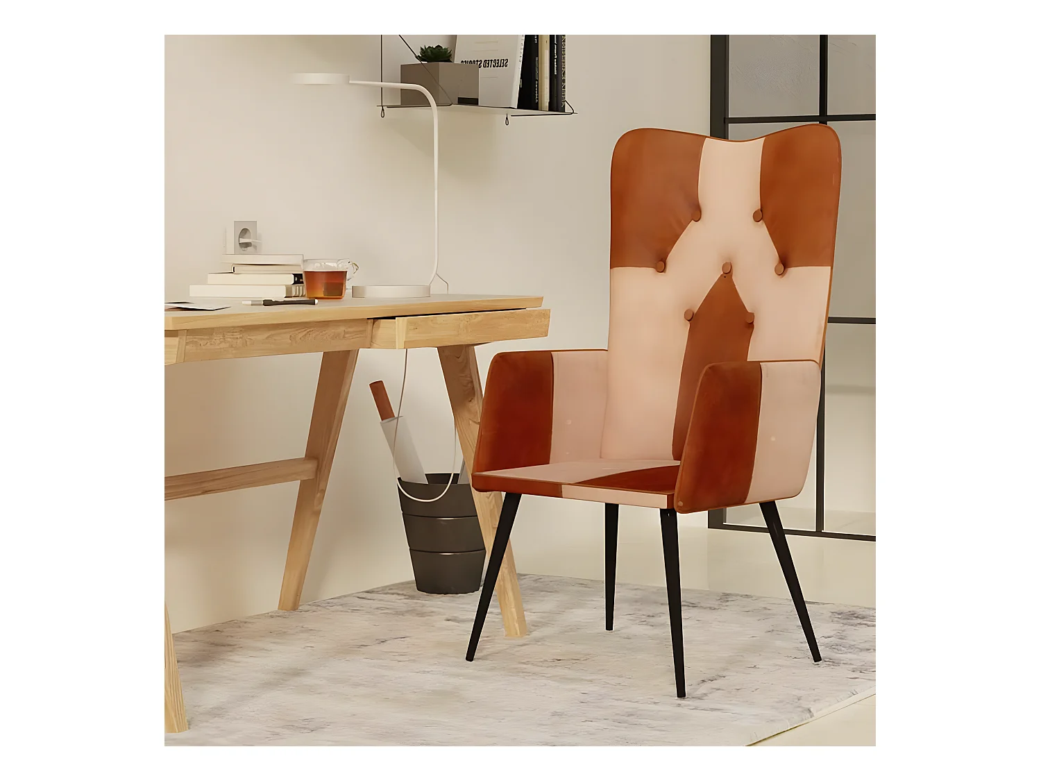 Chaise à oreilles Marron et crème Cuir véritable