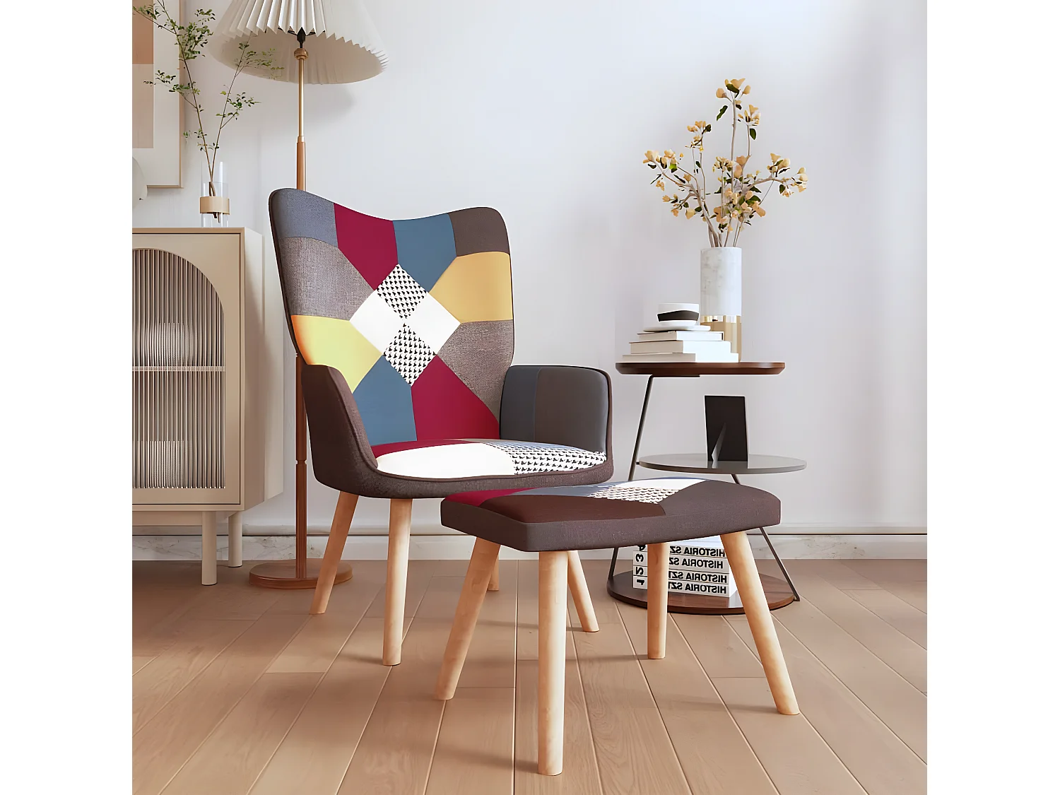 Cadeira de relaxamento com apoio para pés Tecido Patchwork