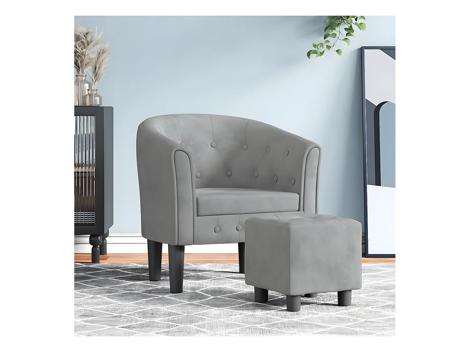 Sillón convertible con reposapiés de terciopelo gris claro