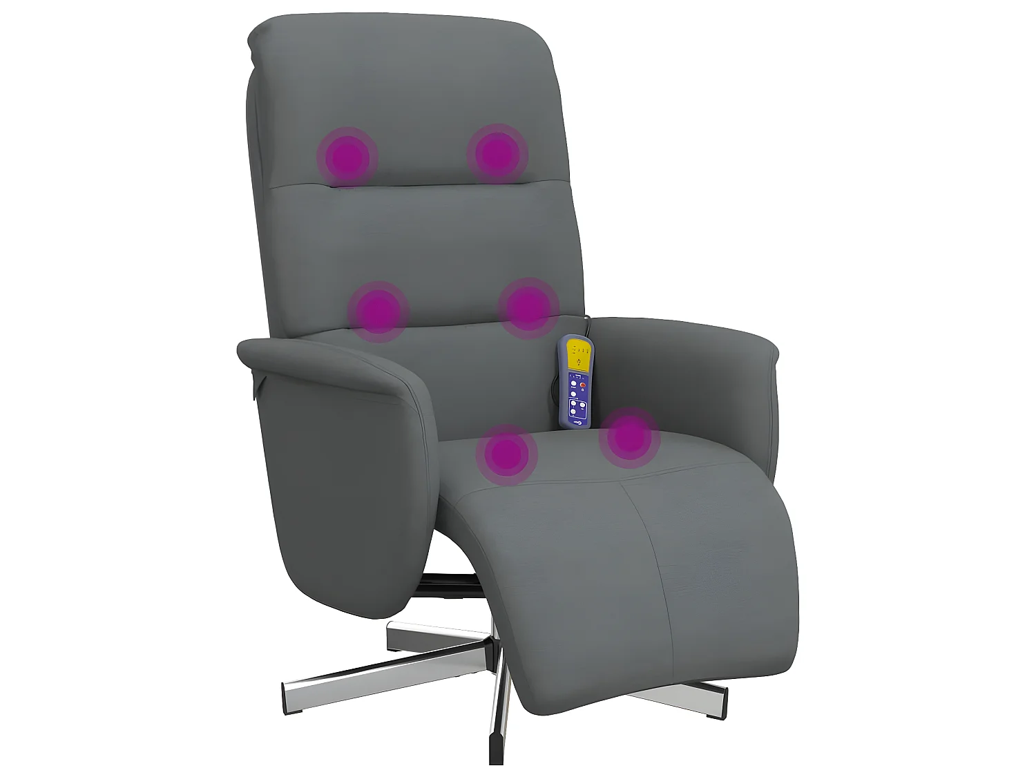Sillón de masaje reclinable y reposapiés de tela gris oscuro.