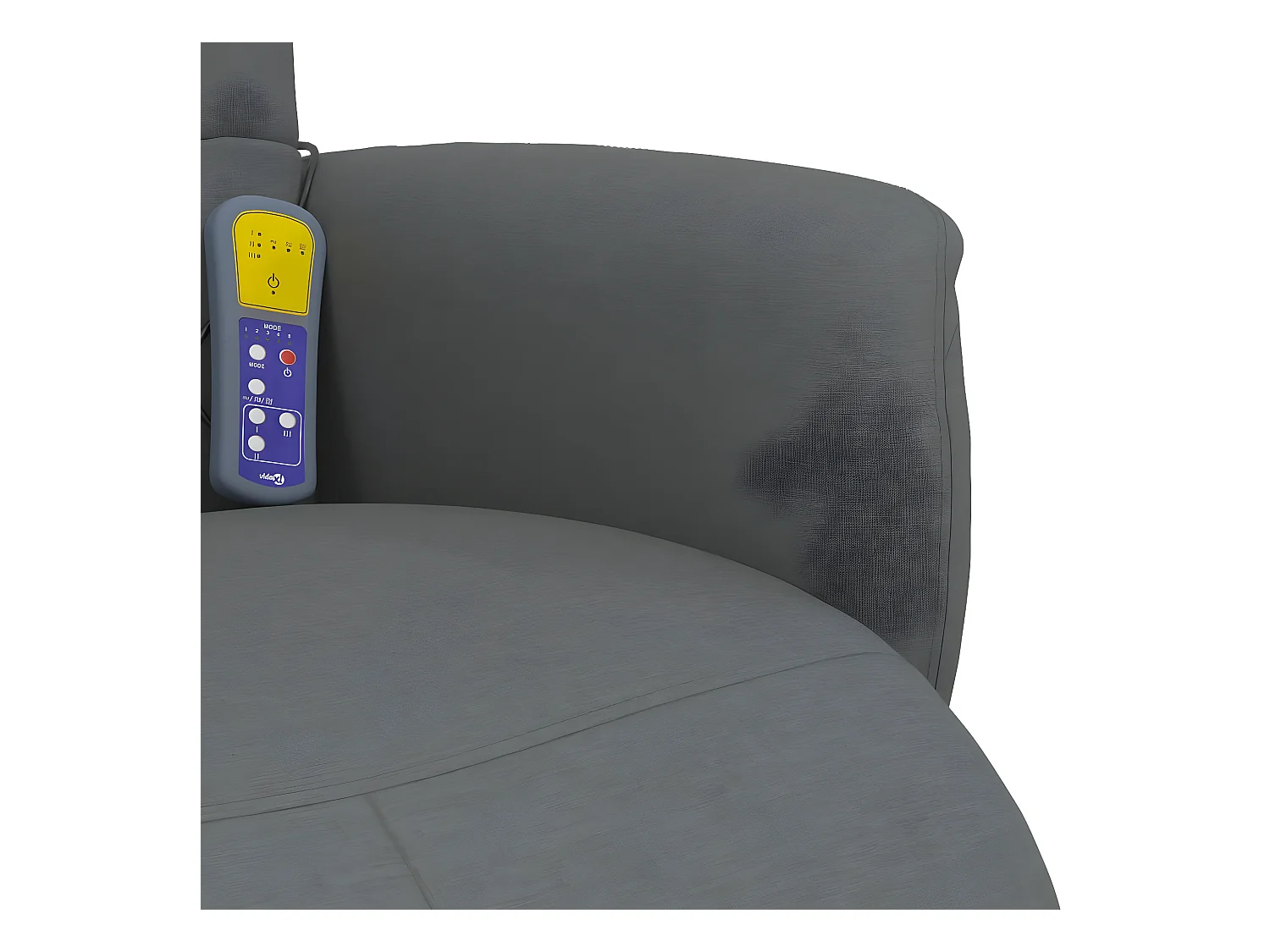 Sillón de masaje reclinable y reposapiés de tela gris oscuro.