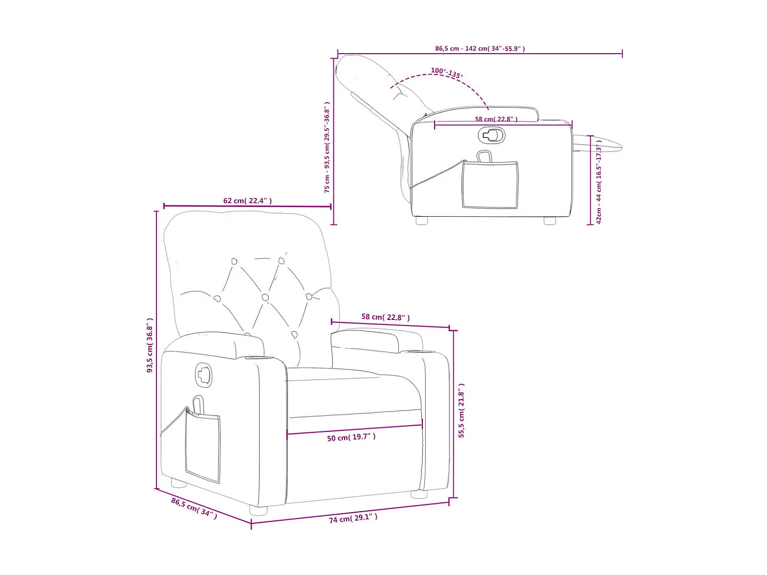 Sillón de masaje reclinable Tela negra