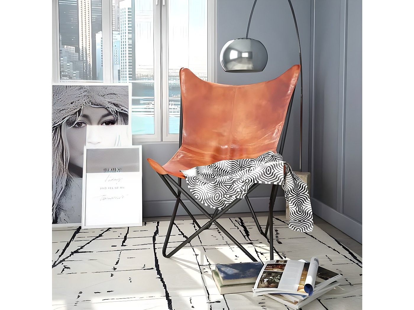 Poltrona Butterfly In Pelle Di Mucca Naturale | AUBRY GASPARD | Struttura In Metallo | Design Unico | Dimensioni L75 X H86 Cm | Portata 110 Kg - 3