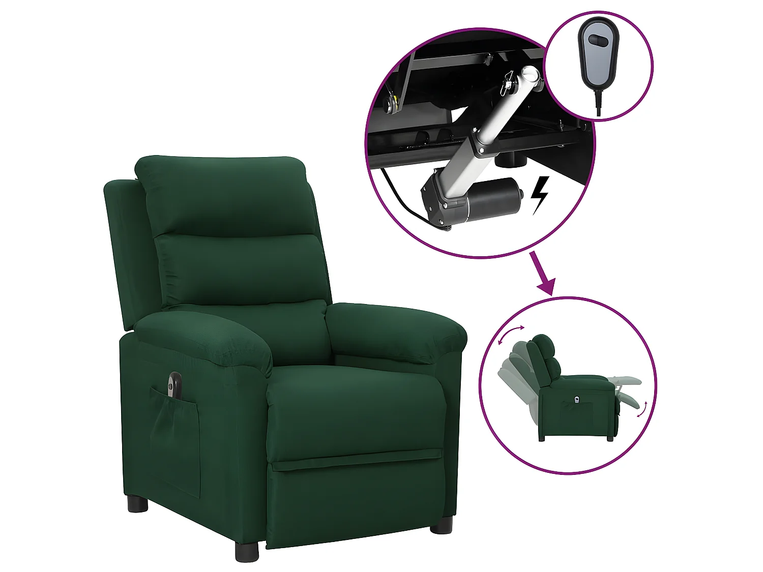 Sillón reclinable eléctrico de tela verde oscuro