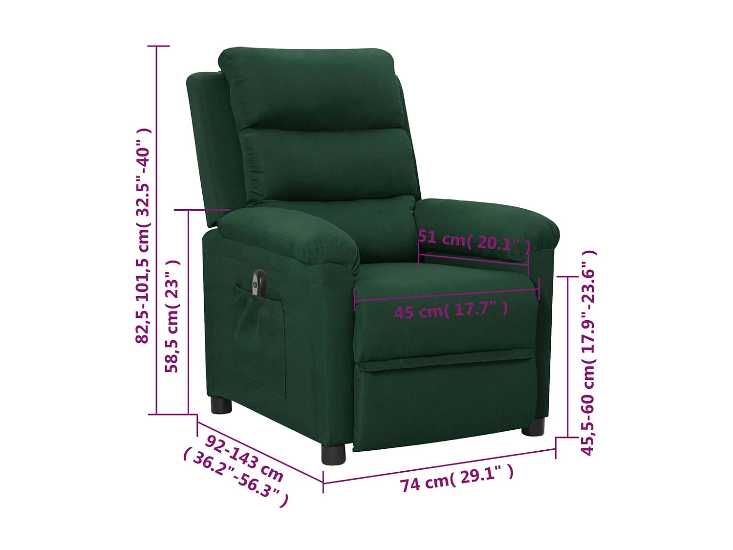 Sillón reclinable eléctrico de tela verde oscuro