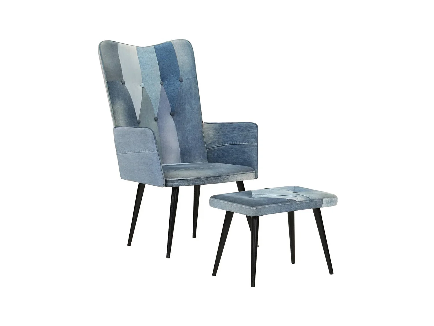 Fauteuil met voetensteun Denim Blue Patchwork canvas