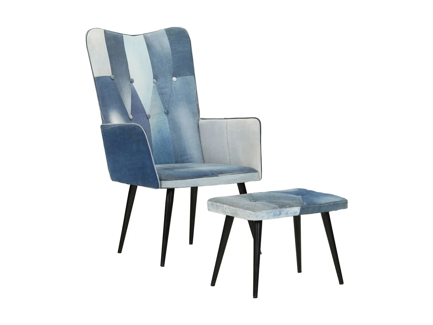 Fauteuil met voetensteun Denim Blue Patchwork canvas