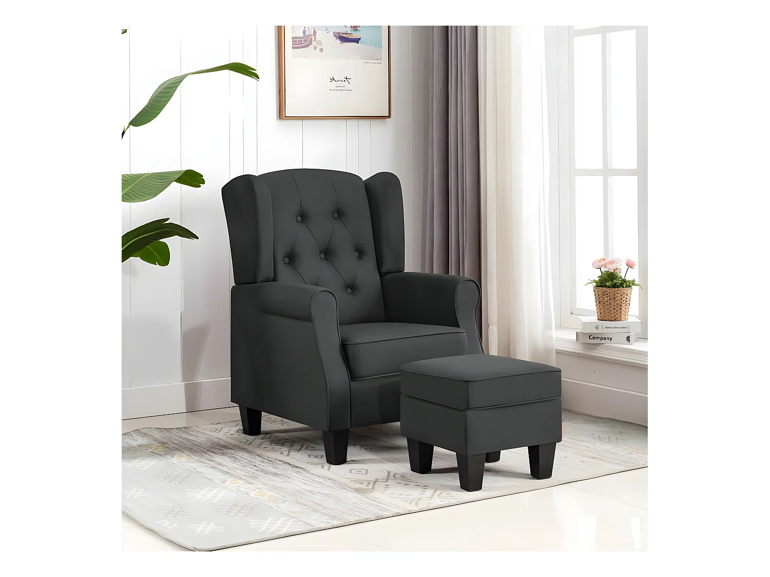Fauteuil avec repose-pied Gris foncé Tissu