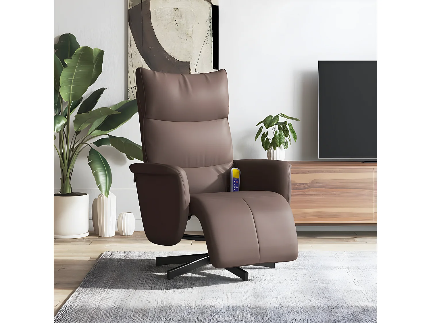 Brauner Massagesessel mit Fußstütze aus Kunstleder