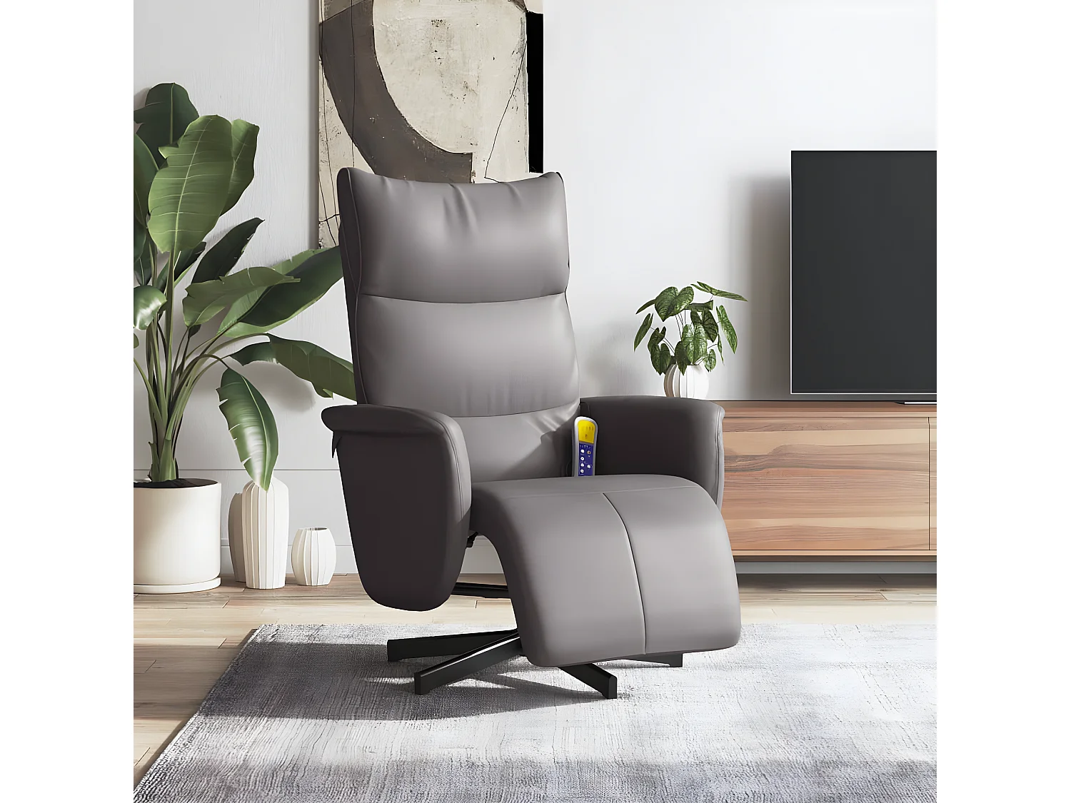 Poltrona de massagem reclinável com apoio para os pés em couro sintético cinza