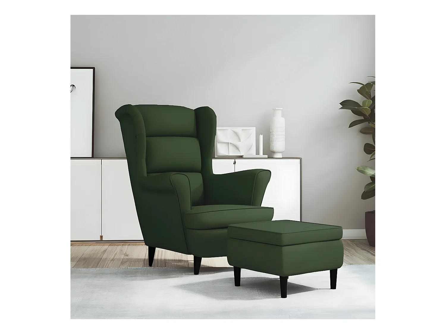 Wingback fauteuil met donkergroene fluwelen kruk