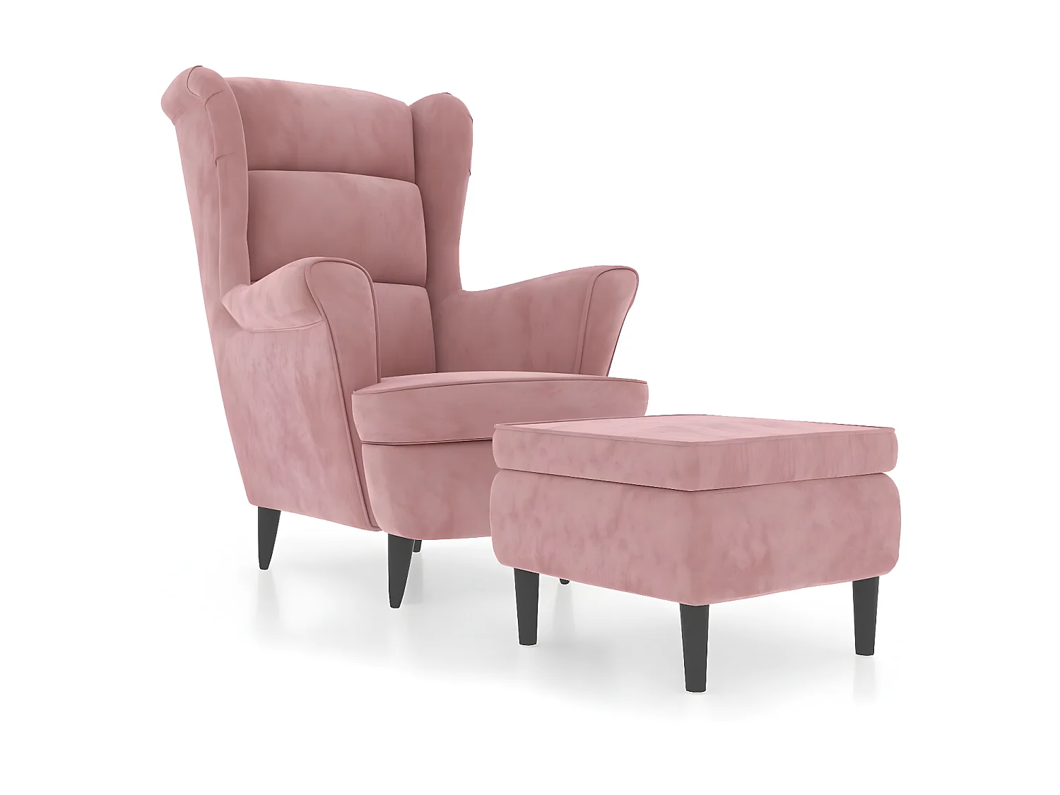 Gevleugelde fauteuil met fluwelen roze kruk