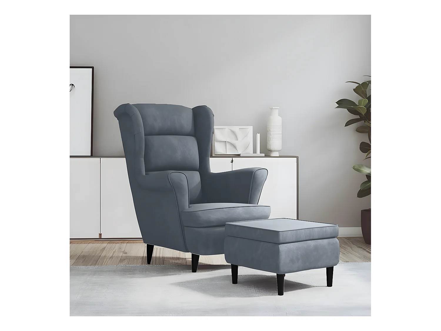 Fauteuil à oreilles avec tabouret gris foncé velours