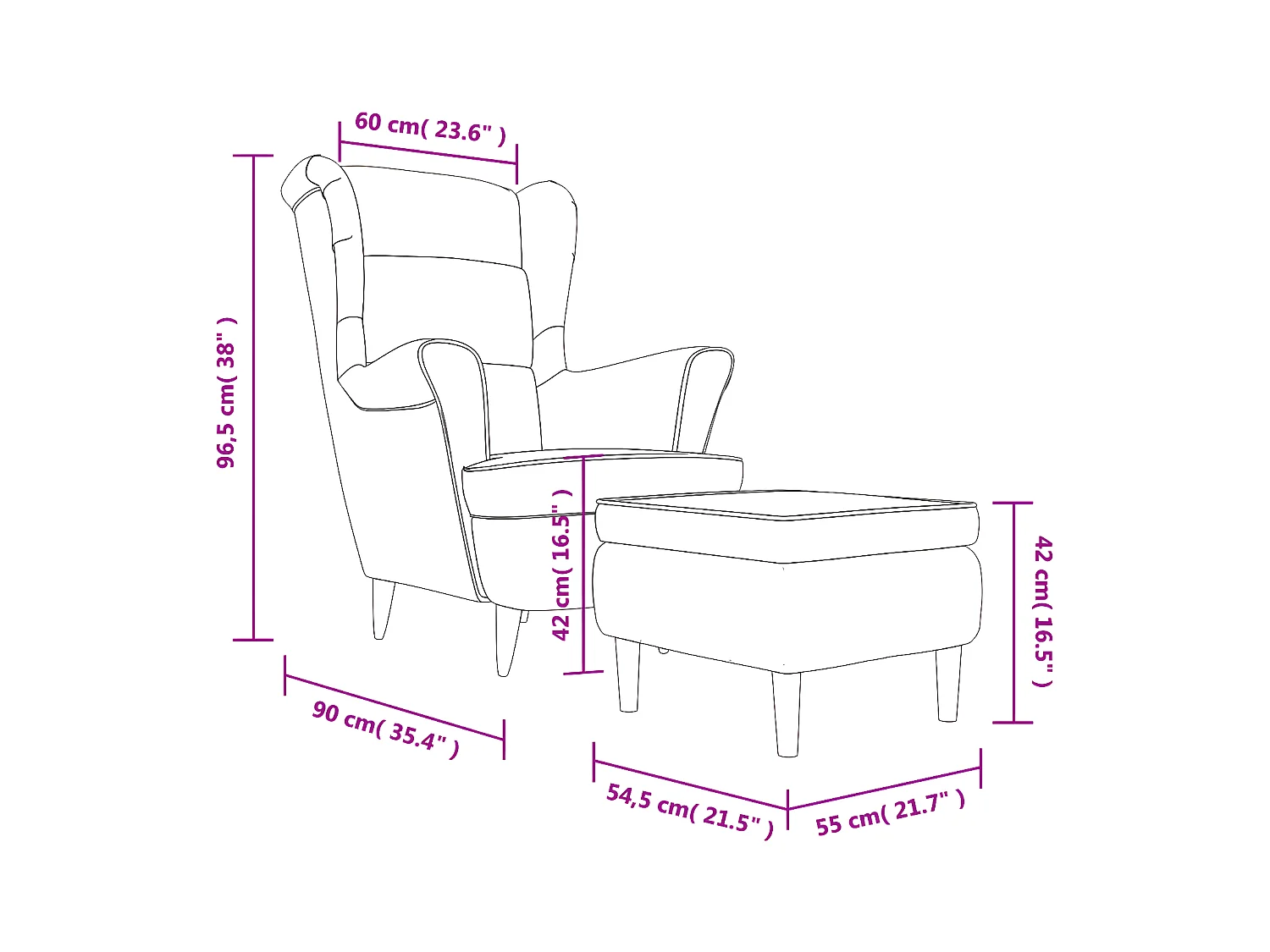 Fauteuil à oreilles avec tabouret gris foncé velours