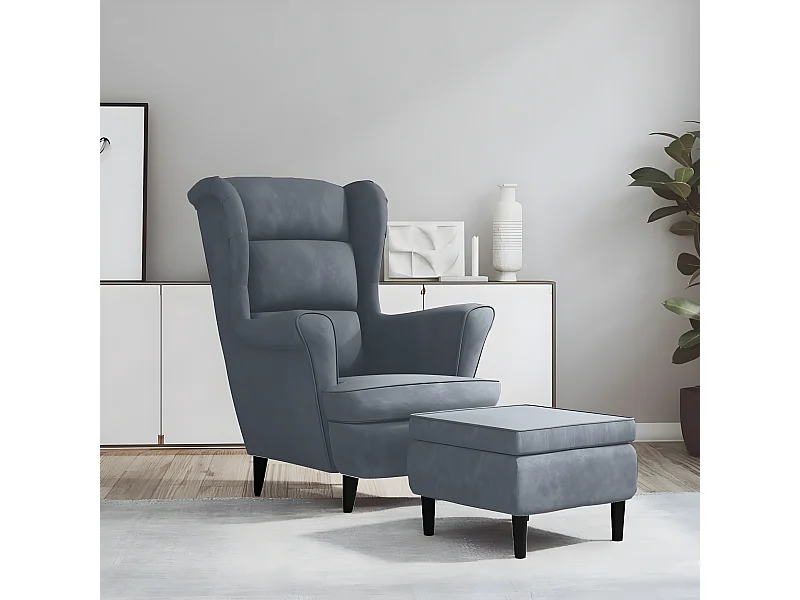 Fauteuil à oreilles avec tabouret gris foncé velours