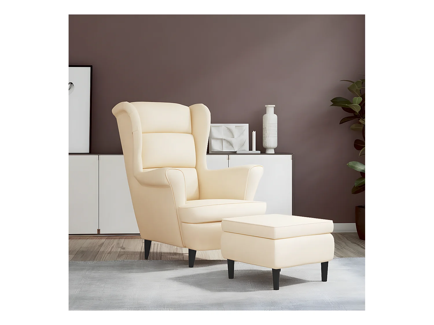 Fauteuil à oreilles avec tabouret crème velours
