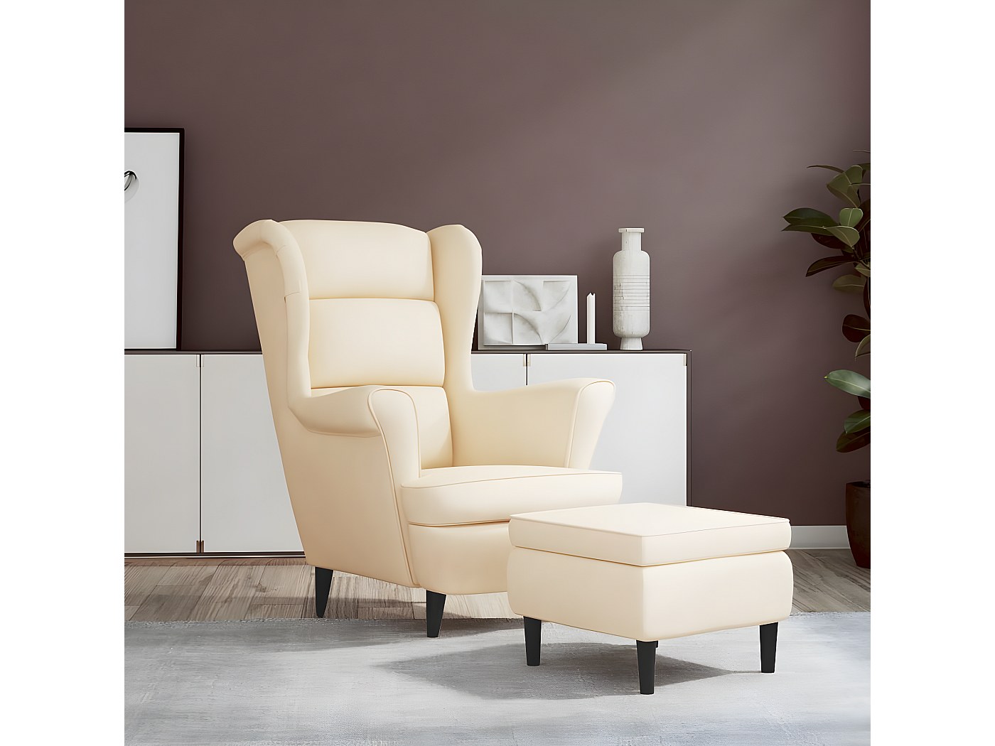 Poltrona Moderna Con Sgabello In Velluto A Coste Beige – Piedini In Legno, Cuscini Inclusi, Stile Rustico Chic