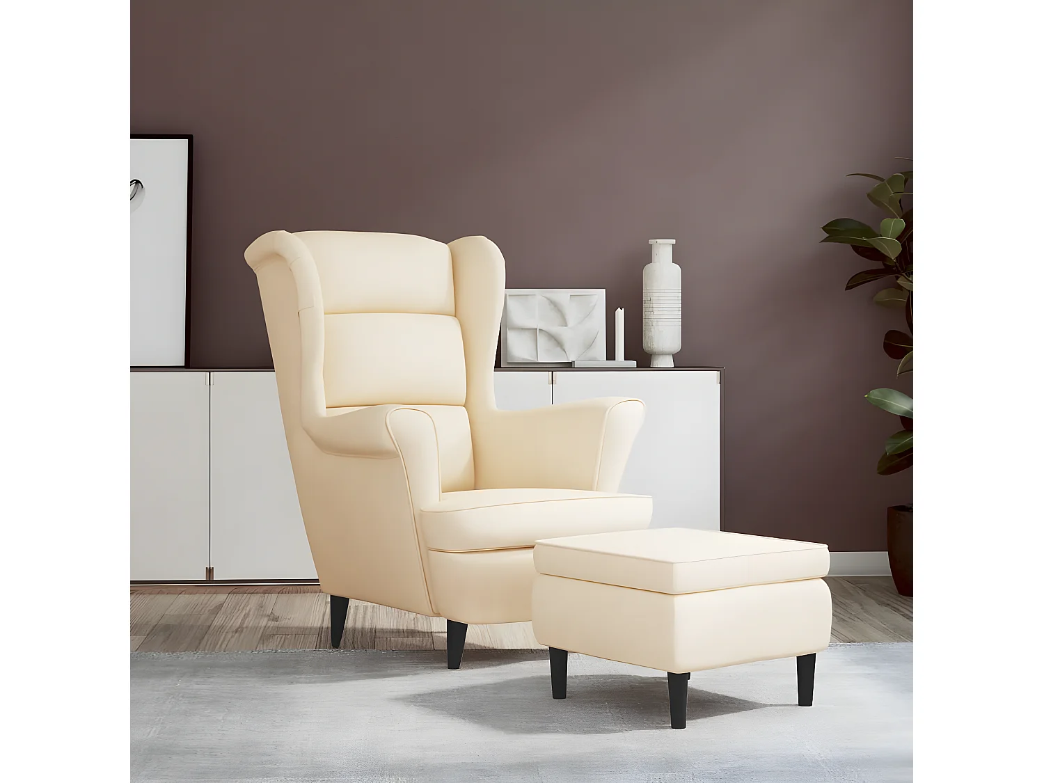 Fauteuil à oreilles avec tabouret crème velours