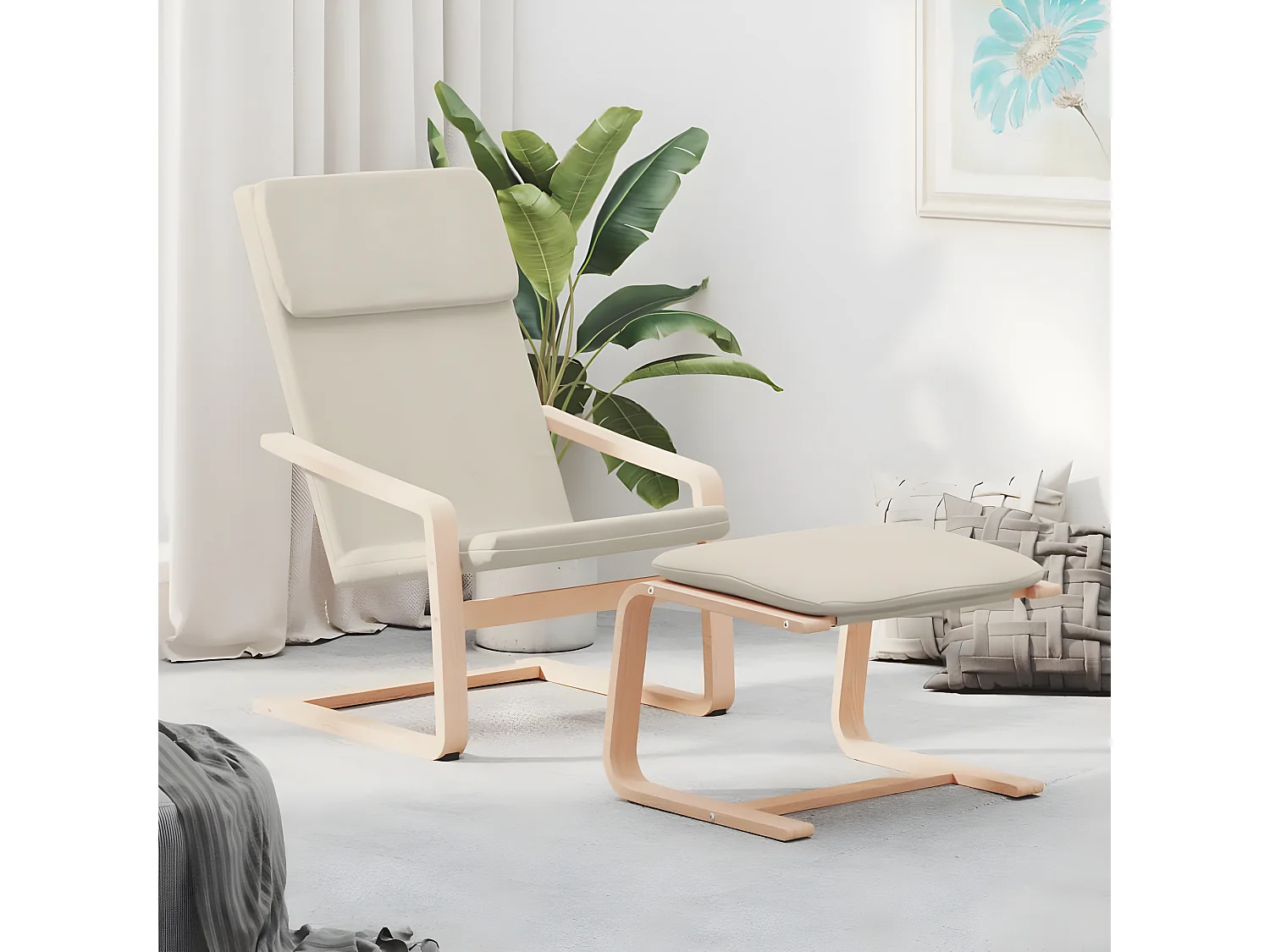 Sillón de relajación con reposapiés de tela crema