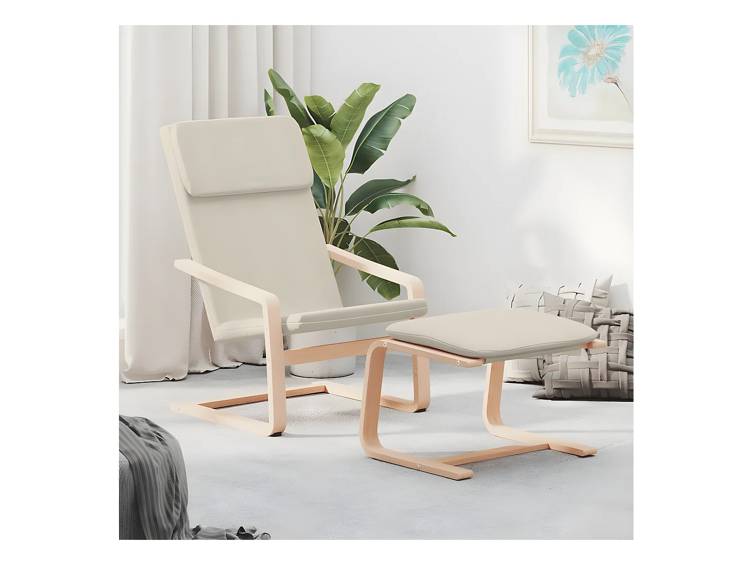 Sillón de relajación con reposapiés de tela crema