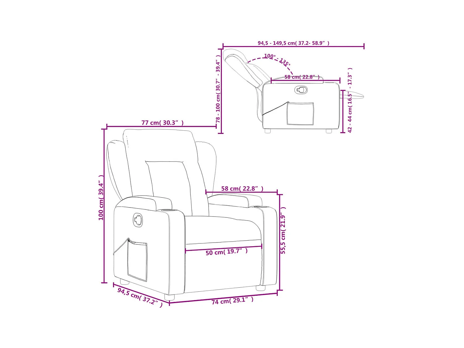 Sillón reclinable de tela marrón oscuro