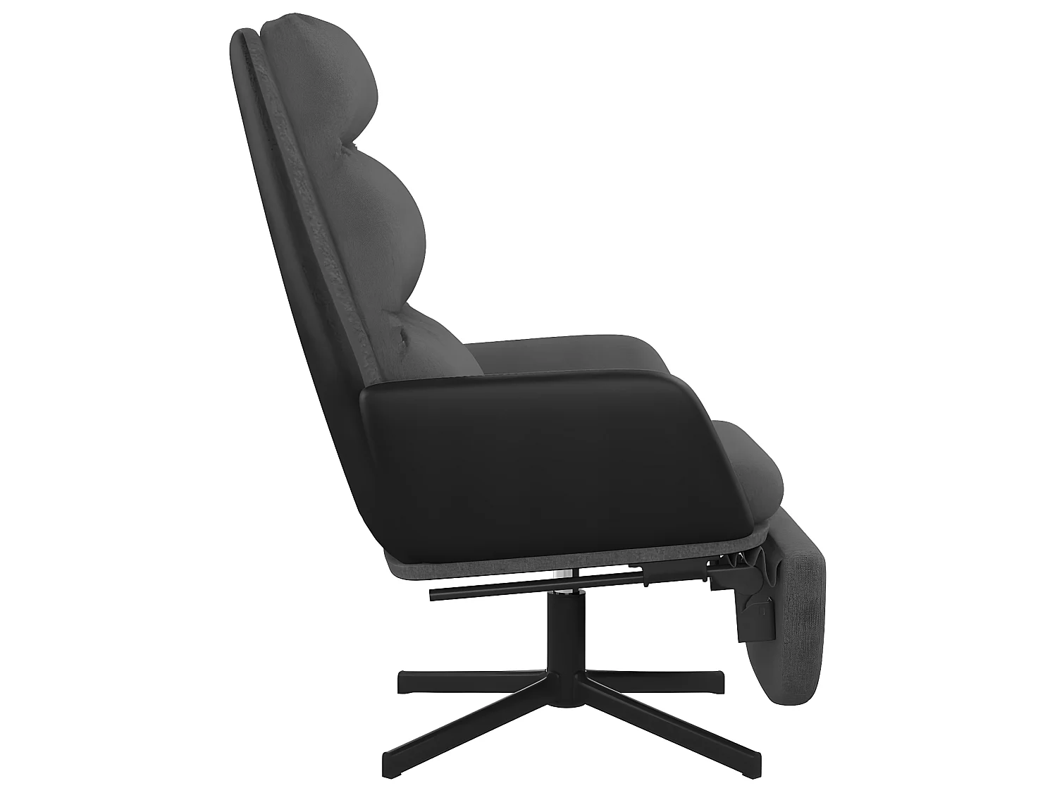 Entspannungsstuhl mit Fußstütze. Dunkelgrauer Stoff