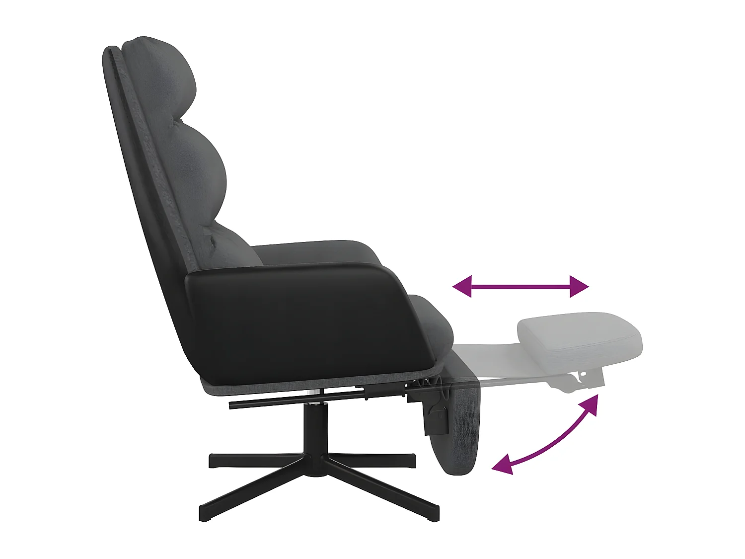 Entspannungsstuhl mit Fußstütze. Dunkelgrauer Stoff