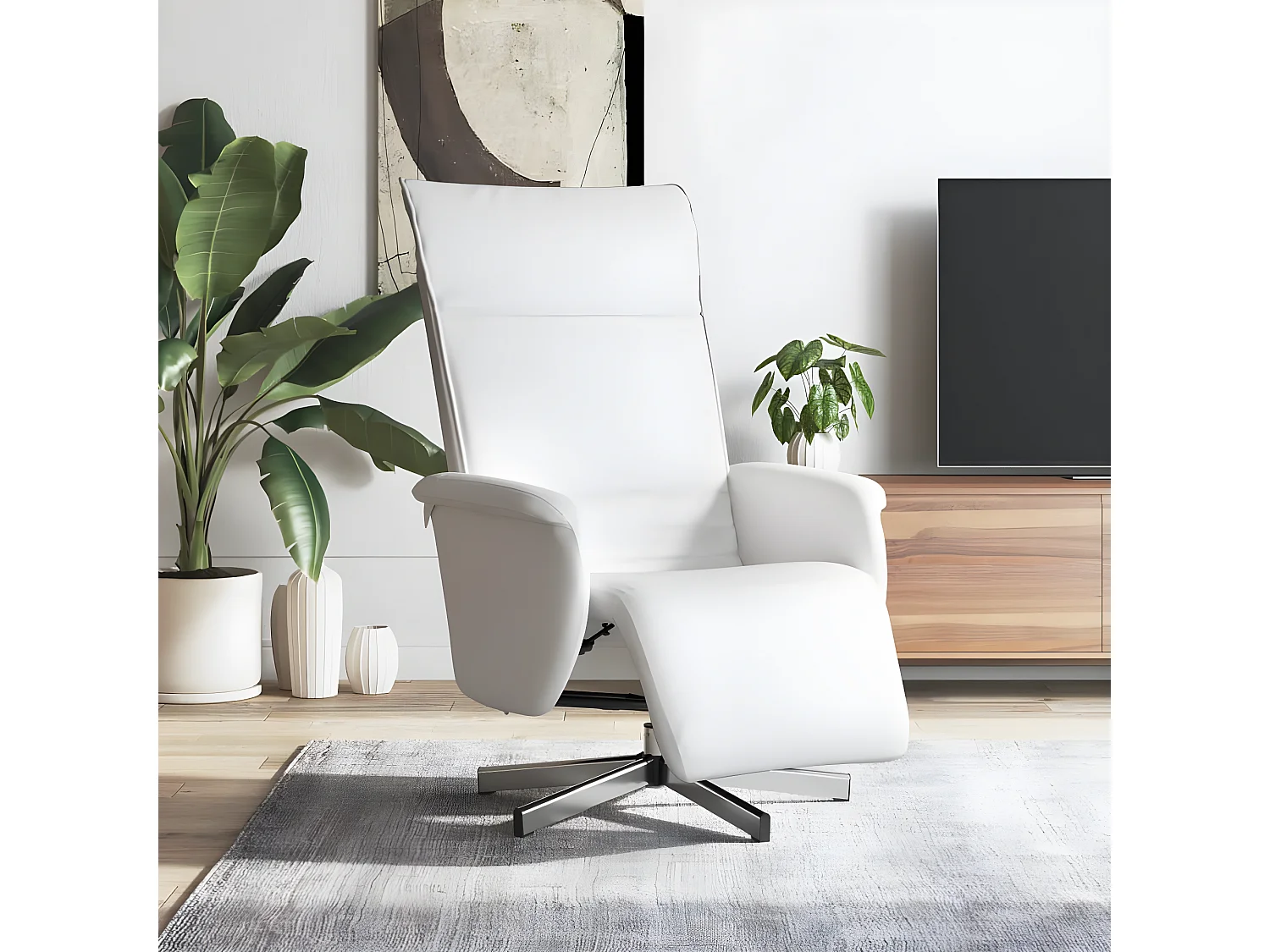 Poltroncina reclinabile con poggiapiedi in ecopelle bianca