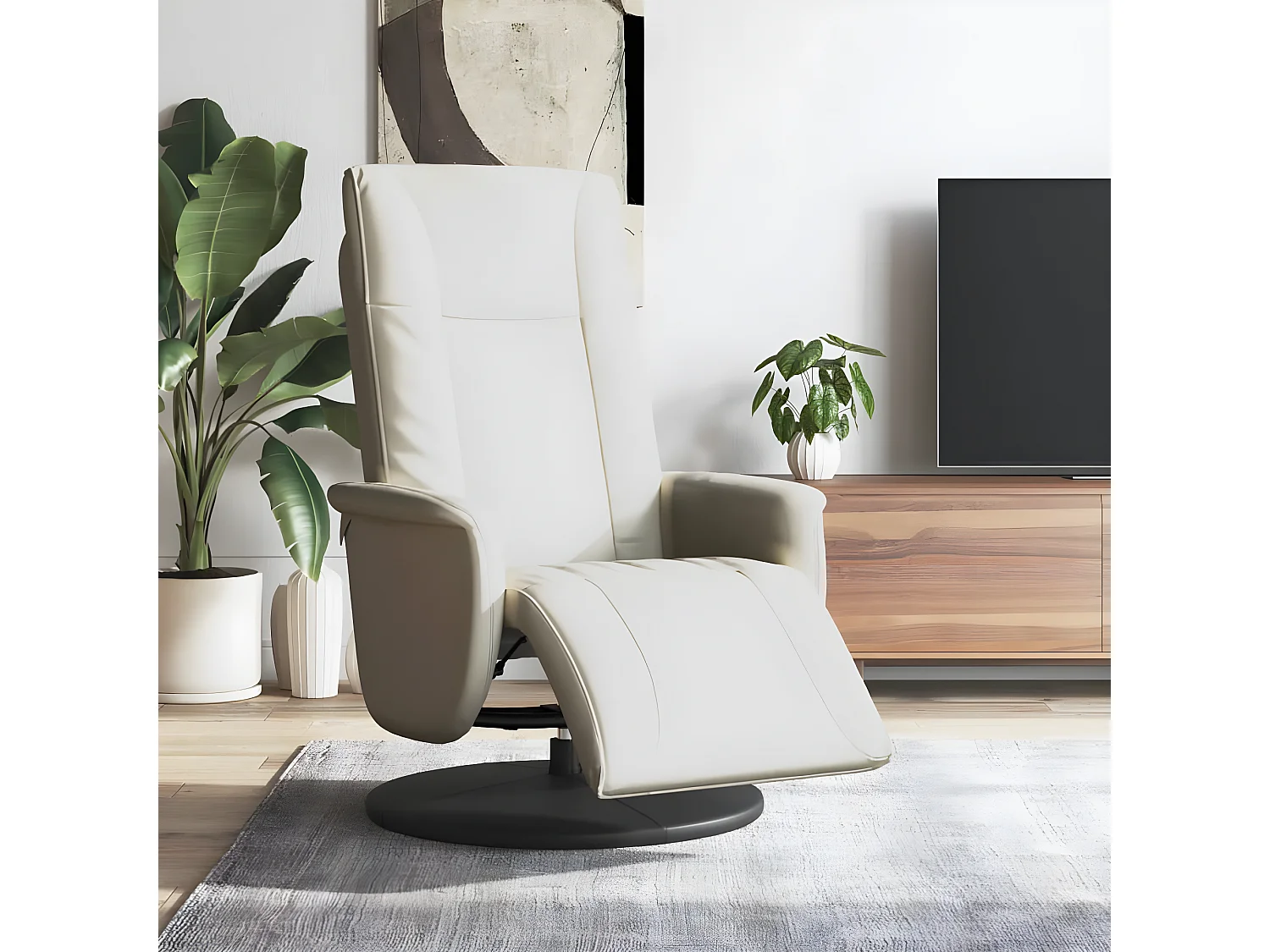 Sillón reclinable de piel sintética color crema con reposapiés