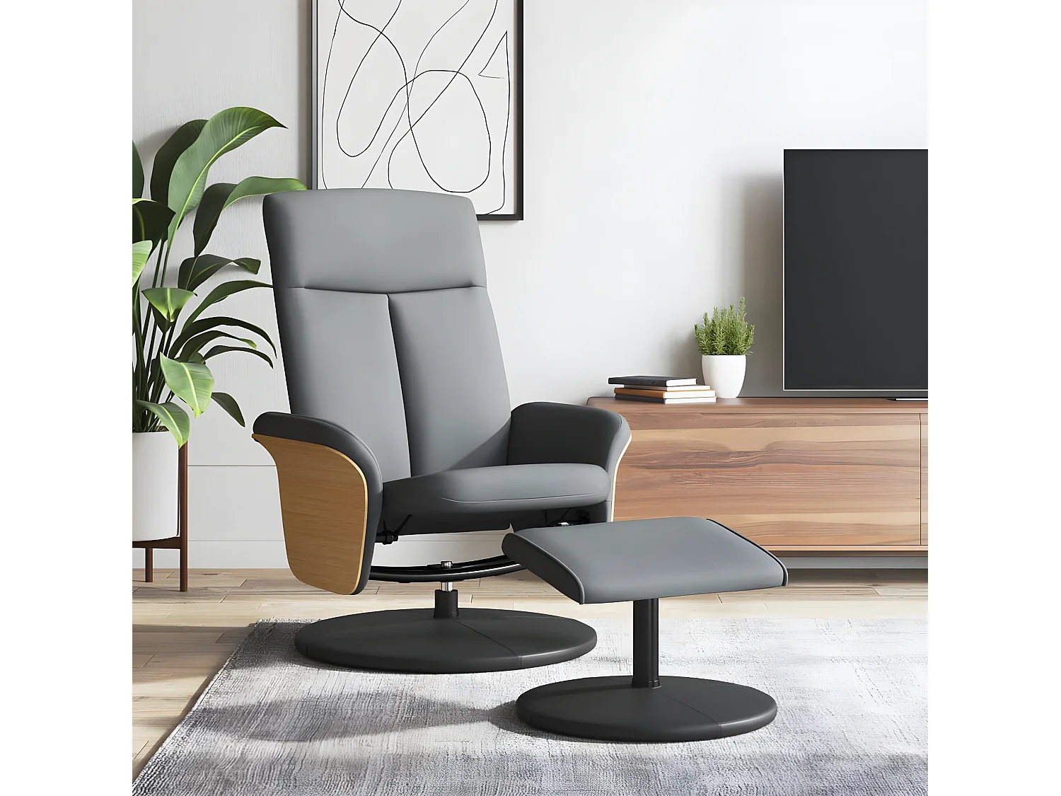 Poltroncina reclinabile con poggiapiedi in tessuto grigio chiaro