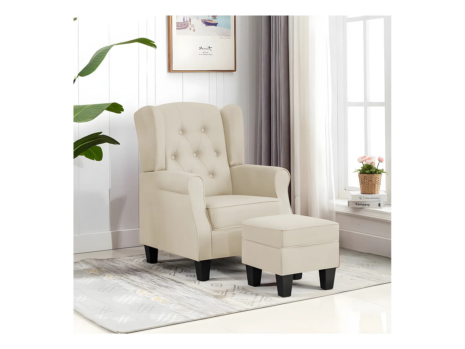 Fauteuil avec repose-pied Crème Tissu
