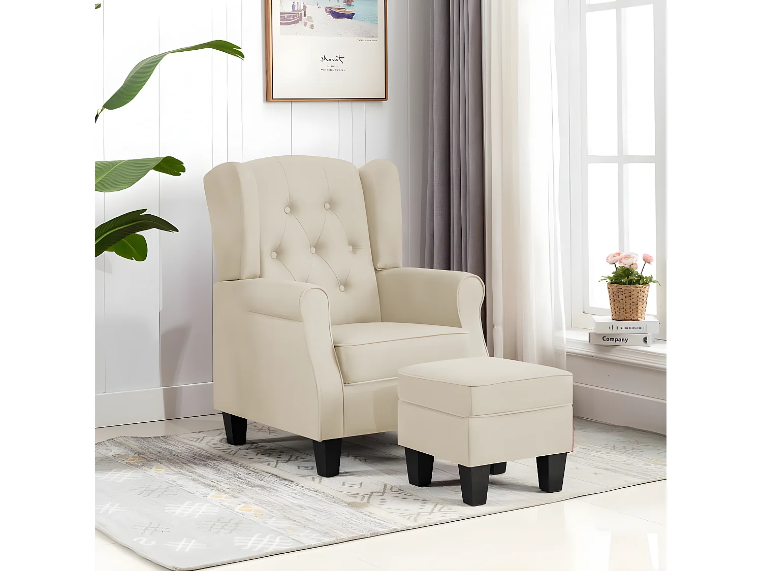 Fauteuil avec repose-pied Crème Tissu