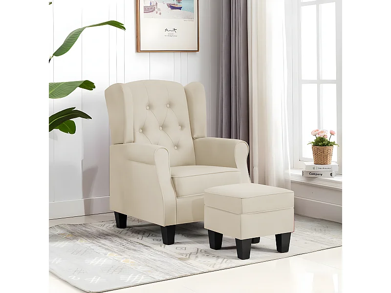 Sillón con reposapiés de tela crema