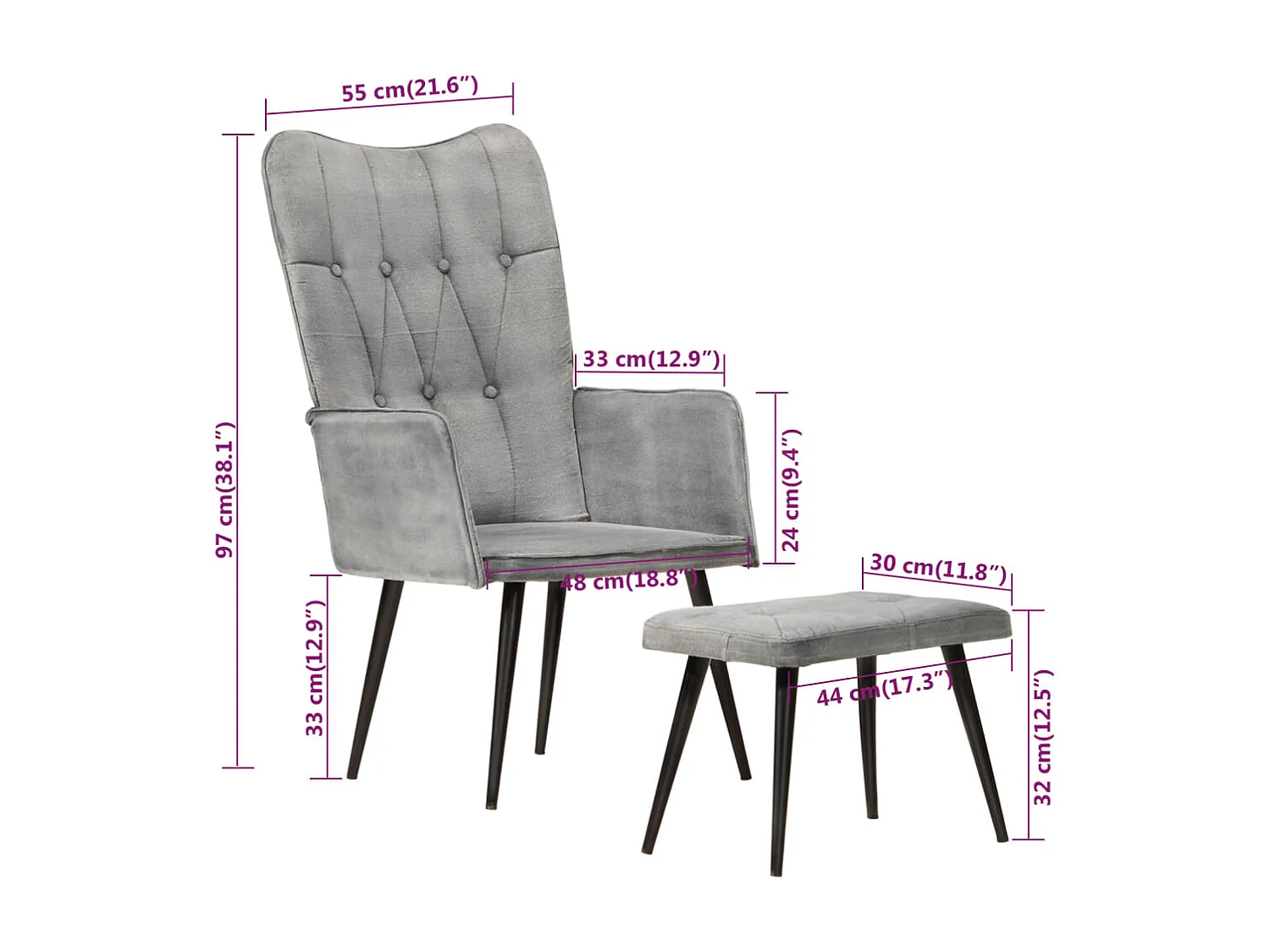 Chaise à oreilles avec repose-pied Gris vintage Toile