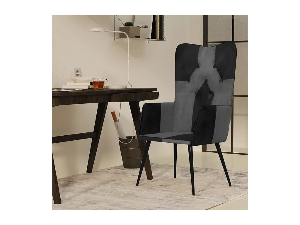 Chaise à oreilles Noir et gris Cuir véritable