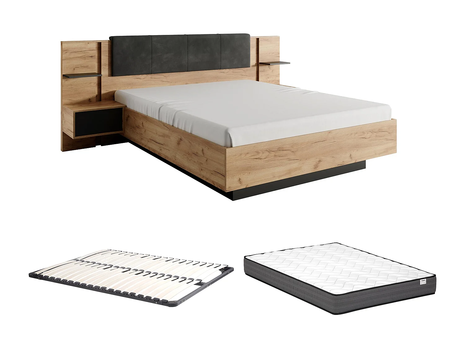 Lit avec chevets 140 x 190 cm - Avec LEDs - Coloris : Naturel et anthracite + Sommier + Matelas - ELYNIA