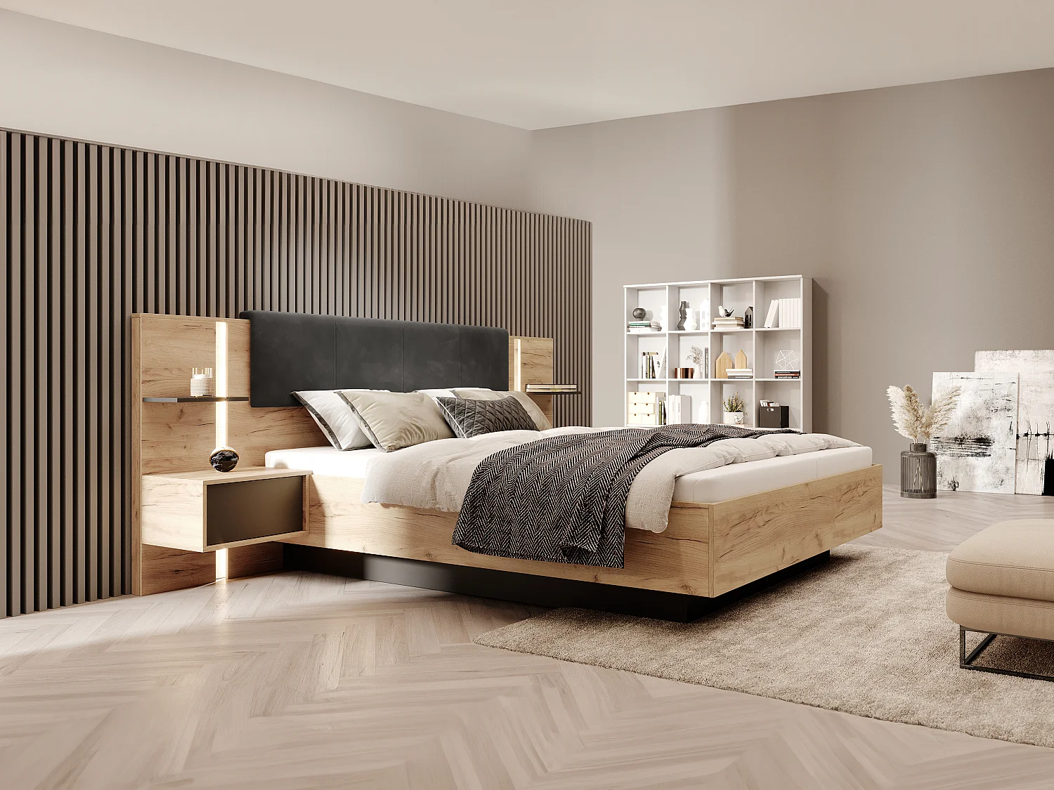 Lit avec chevets 140 x 190 cm - Avec LEDs - Coloris : Naturel et anthracite + Sommier + Matelas - ELYNIA