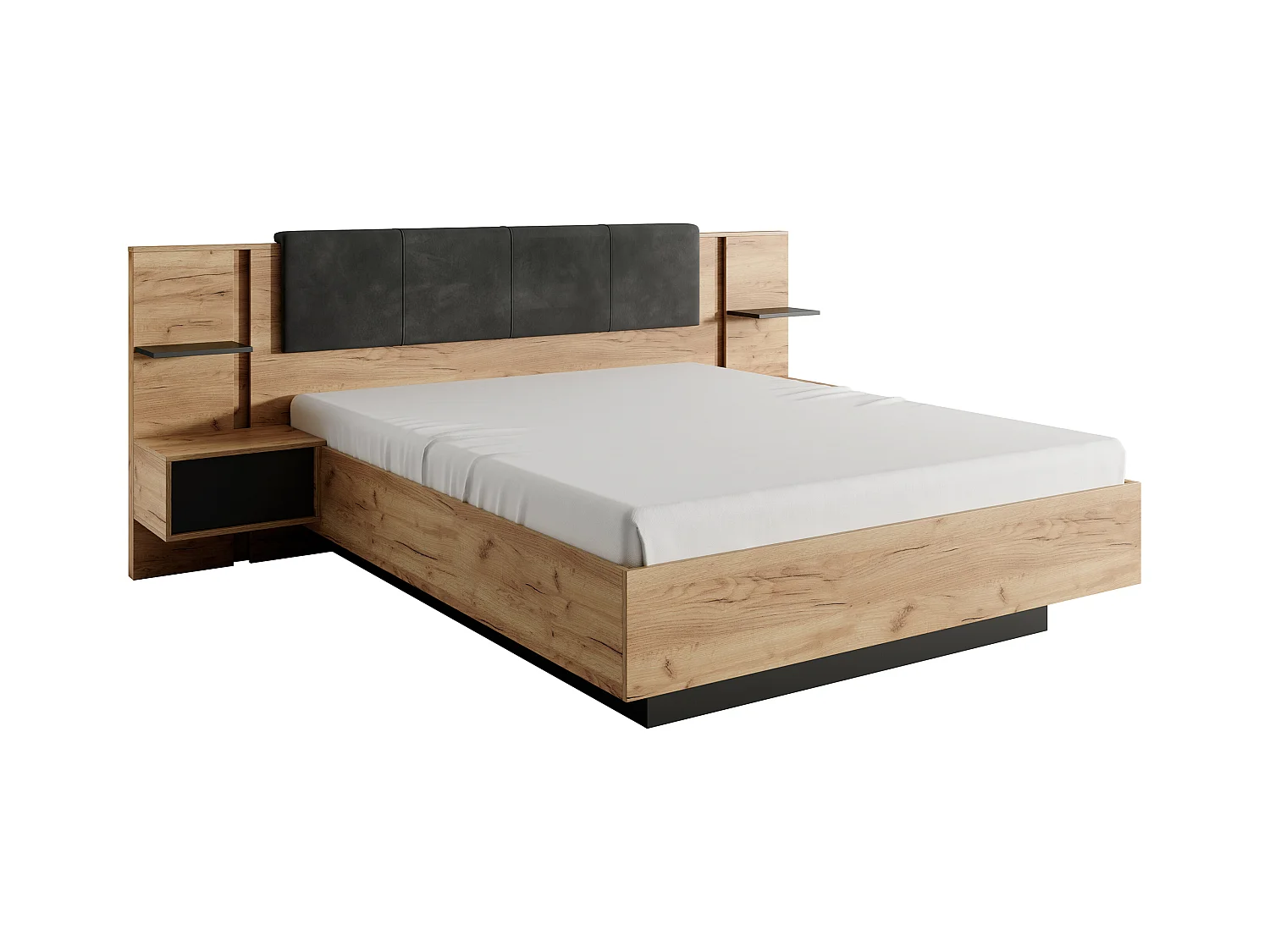 Lit avec chevets 140 x 190 cm - Avec LEDs - Coloris : Naturel et anthracite + Sommier + Matelas - ELYNIA