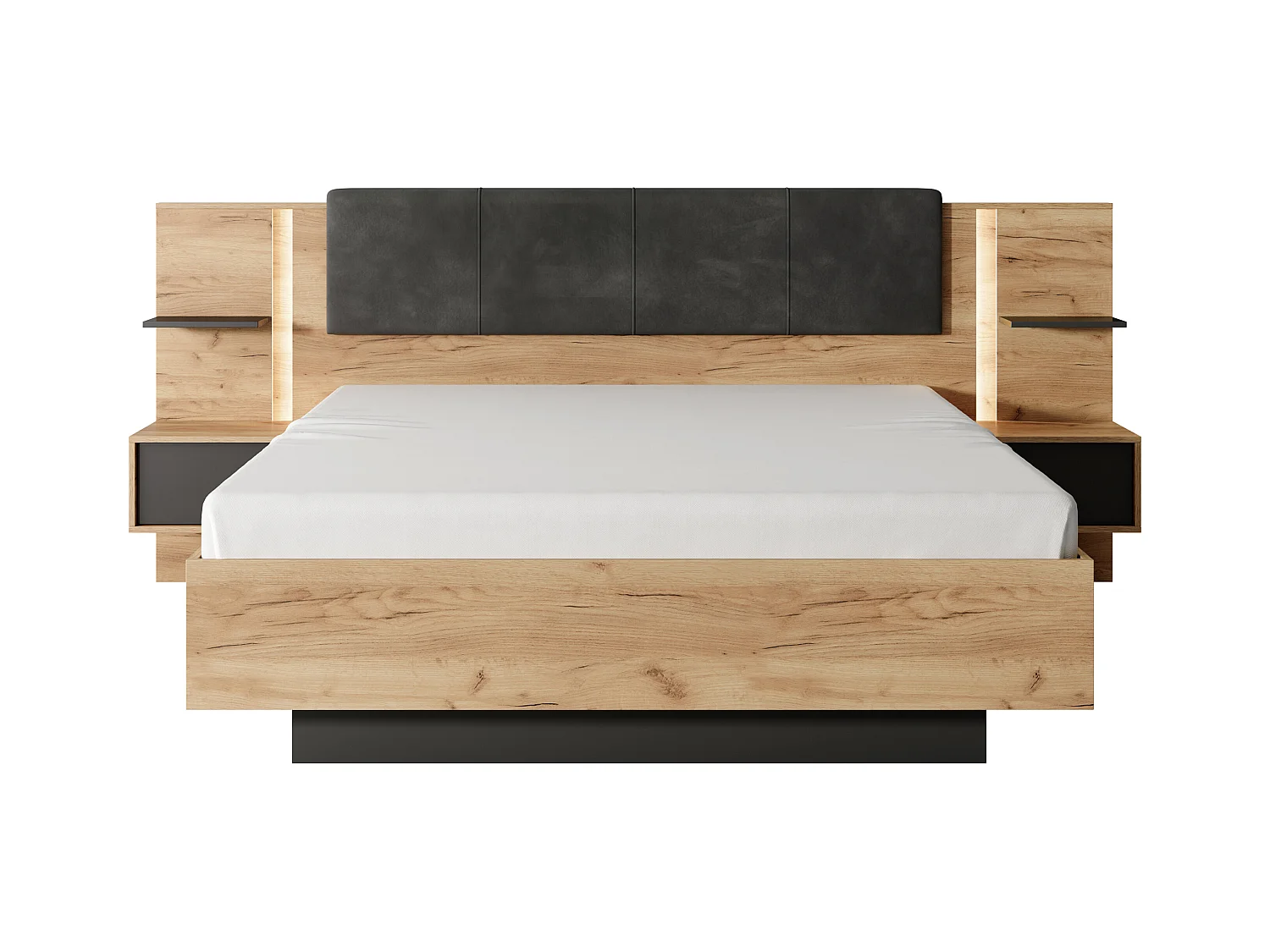 Lit avec chevets 140 x 190 cm - Avec LEDs - Coloris : Naturel et anthracite + Sommier + Matelas - ELYNIA