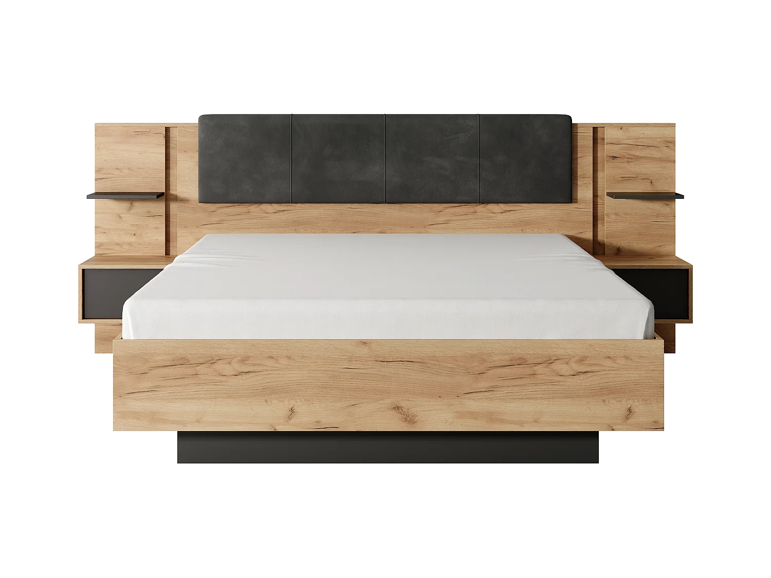 Lit avec chevets 140 x 190 cm - Avec LEDs - Coloris : Naturel et anthracite + Sommier + Matelas - ELYNIA