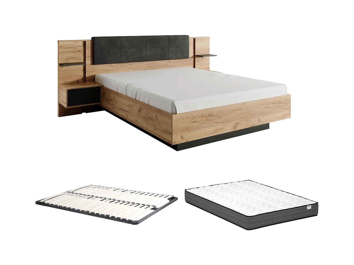 Lit avec chevets 140 x 190 cm - Avec LEDs - Coloris : Naturel et anthracite + Sommier + Matelas - ELYNIA