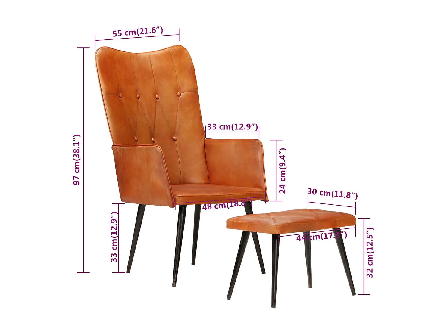 Oorfauteuil met voetsteun Roodbruin Echt leer