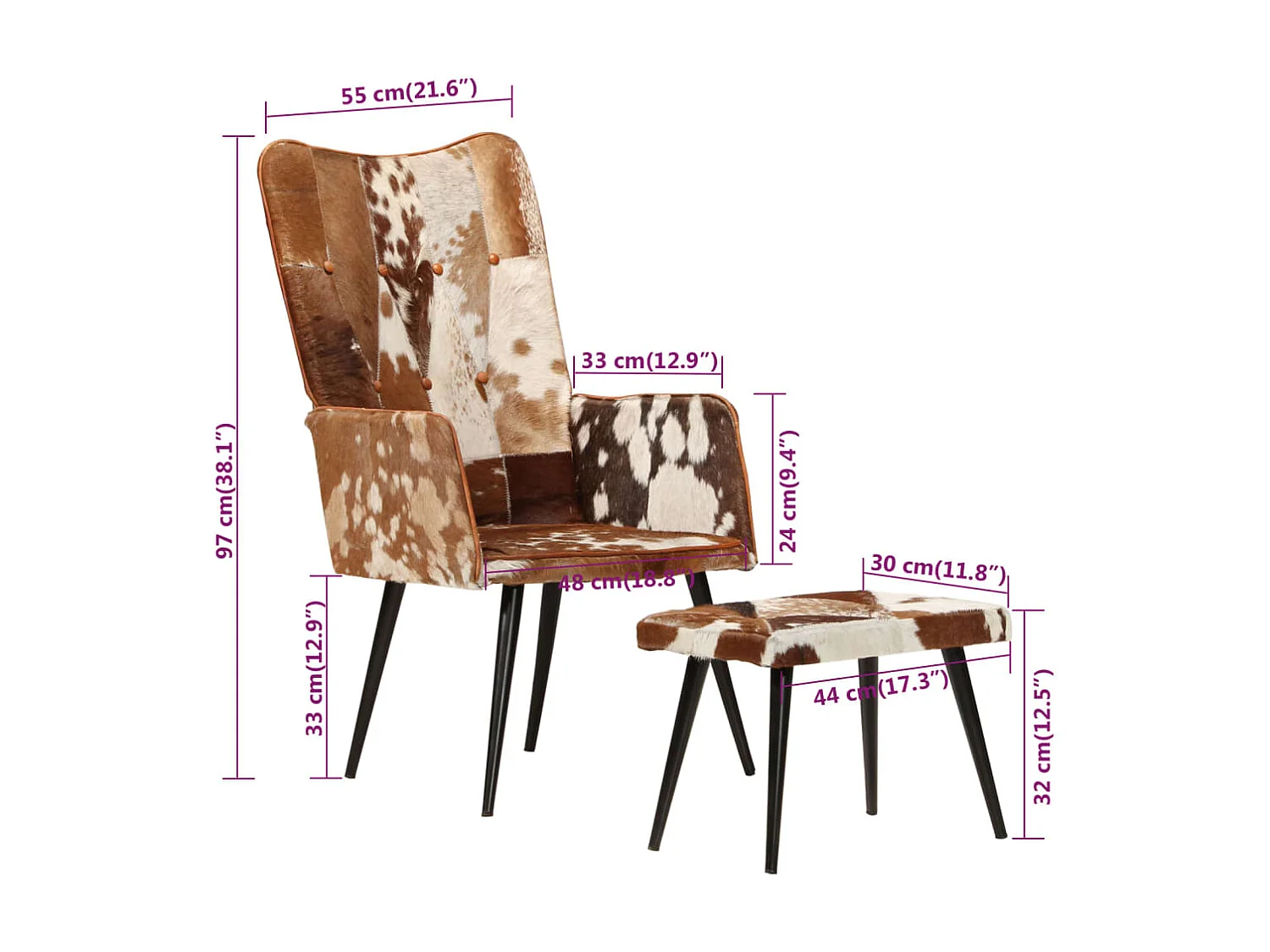 Chaise à oreilles avec repose-pied Marron Cuir véritable