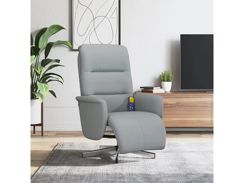 Sillón reclinable de masaje y reposapiés de tela gris claro.