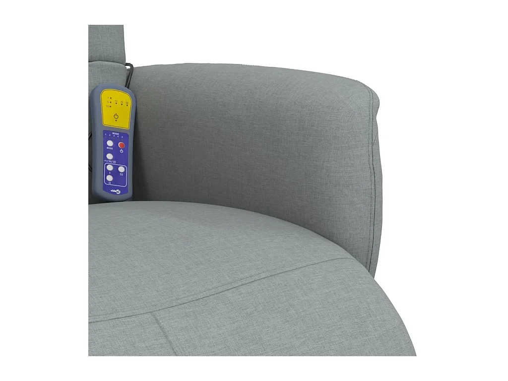 Sillón reclinable de masaje y reposapiés de tela gris claro.